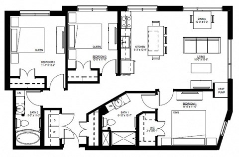 Floor plan for 3 beds, 2 baths, 1230 sqft